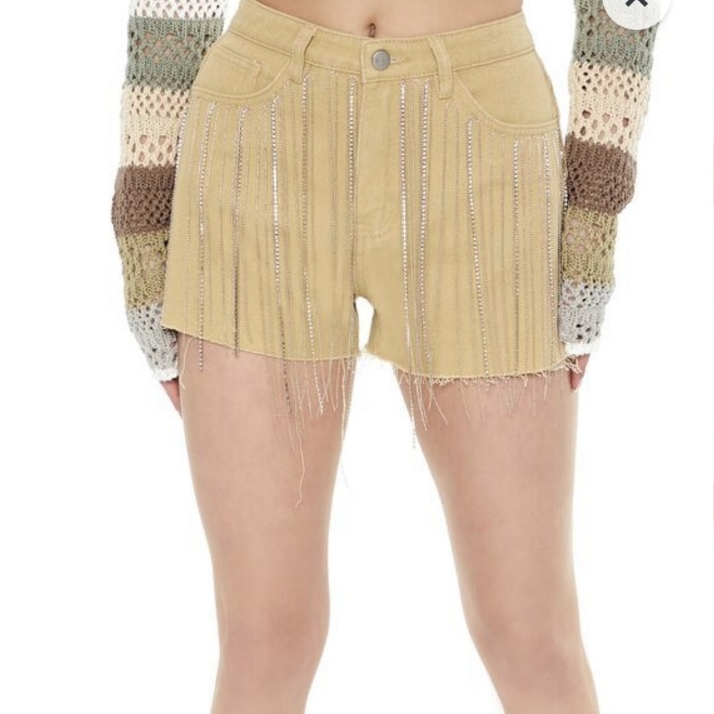 Forever 21 Women's Rhinestone Fringe Tan Jean Shorts with‎ Frayed Hem Size L NWT